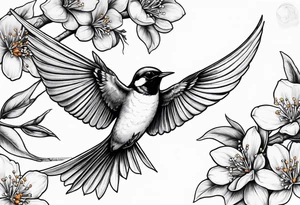 swallow flying off of branch with orange blossoms tattoo idea