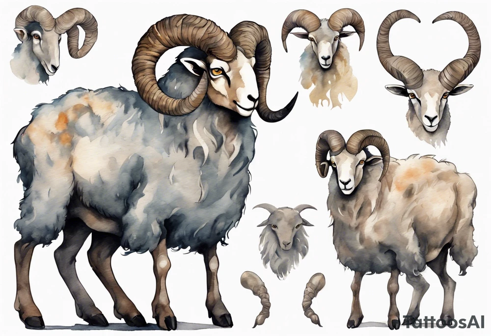 a solitary big-horned sheep with the arms and legs of a large man, wearing a grey tunic standing before a cave with cloven hooves for feet tattoo idea