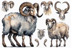 a solitary big-horned sheep with the arms and legs of a large man, wearing a grey tunic standing before a cave with cloven hooves for feet tattoo idea