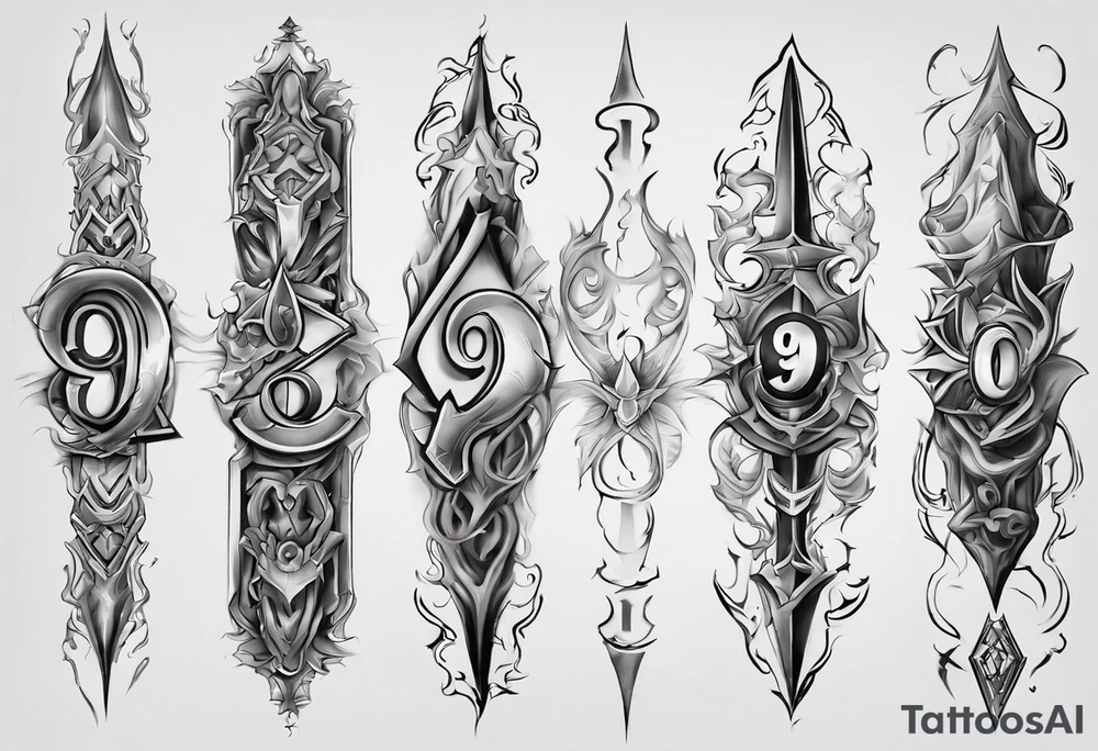 number 9 right side up and upside down connected tattoo black and grey on inside forearm 9:16 aspect ratio tattoo idea