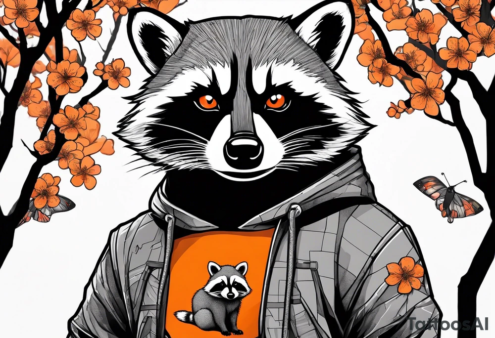 raccoon wearing a black and white Superman hoodie and orange Japanese cherry blossoms tattoo idea