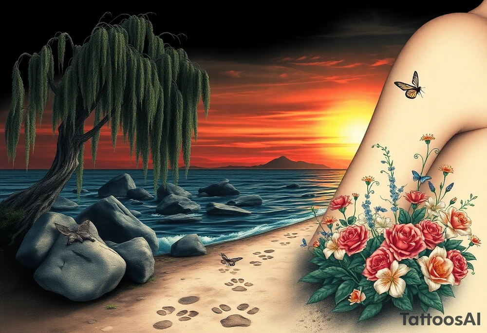 Dark ocean with rocks sunset, weeping willow garden with roses and lilies flower beds. fantasy creatures, fairies, siren, dragonflies, butterflies, cat paw prints path in dirt. tattoo idea