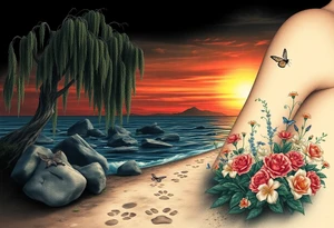 Dark ocean with rocks sunset, weeping willow garden with roses and lilies flower beds. fantasy creatures, fairies, siren, dragonflies, butterflies, cat paw prints path in dirt. tattoo idea