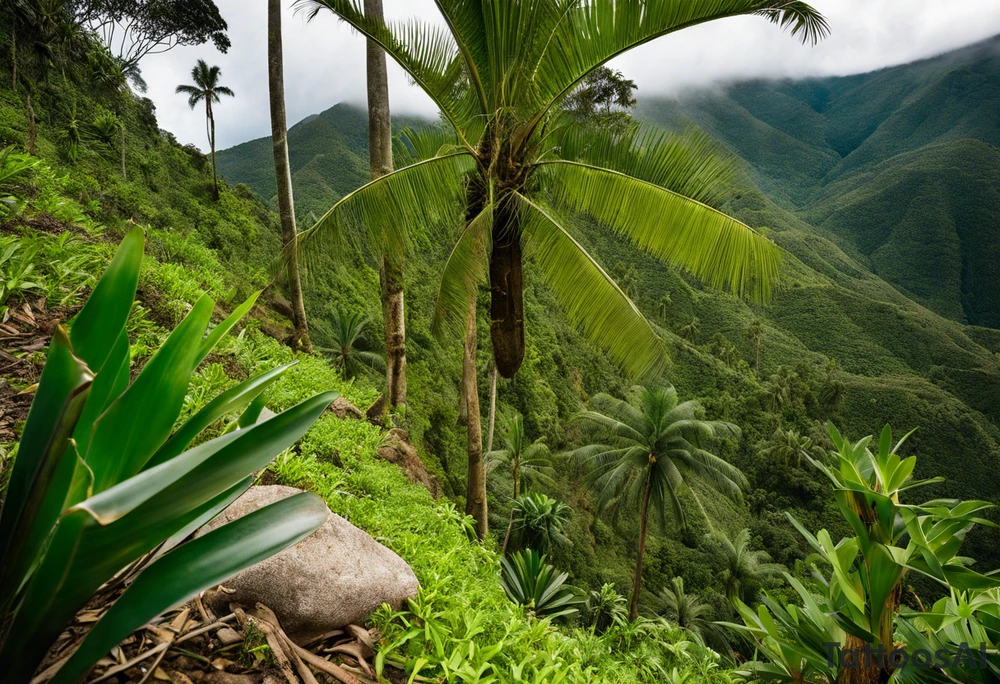 A striking Gachala emerald sits at the base of a tall quindio wax palm, which grows resiliently from cracks in rugged, rocky soil. The emerald is the main focal point, symbolizing strength and endurance, while the wax palm, rooted in the soil’s crevices, represents growth and resilience. A small water stream flows gently from the rocks, adding an element of life and nourishment. tattoo idea