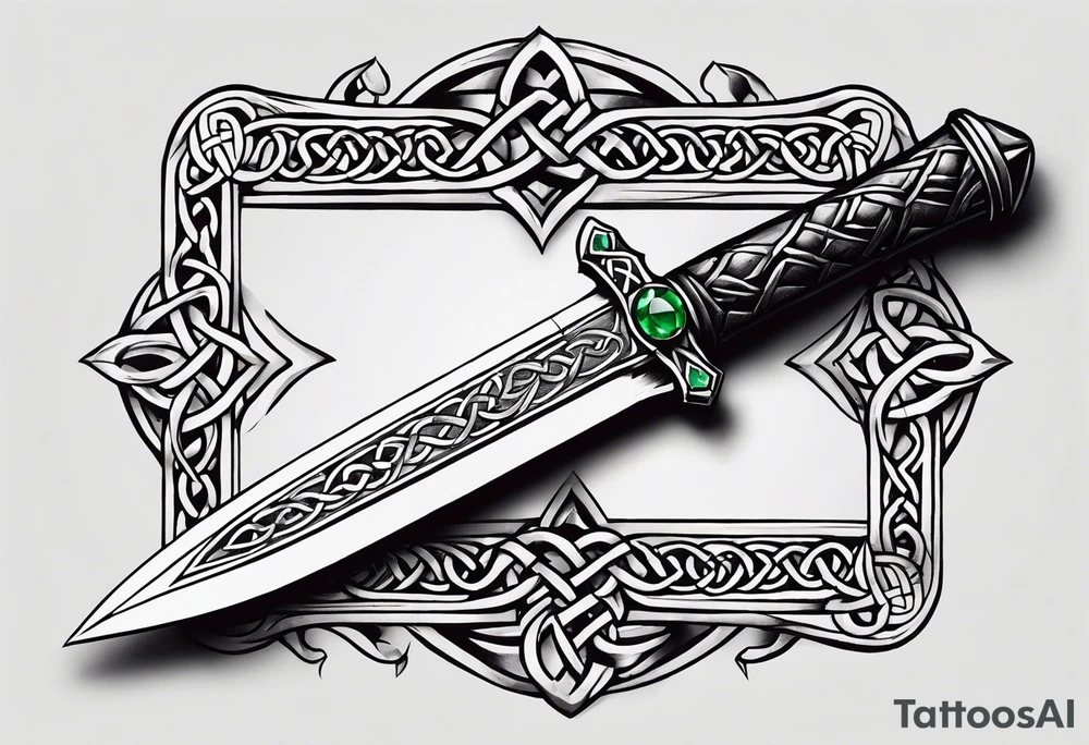 A Celtic dagger with an oak hilt turned upright and emerald gemstones on it tattoo idea