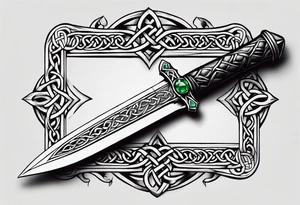 A Celtic dagger with an oak hilt turned upright and emerald gemstones on it tattoo idea