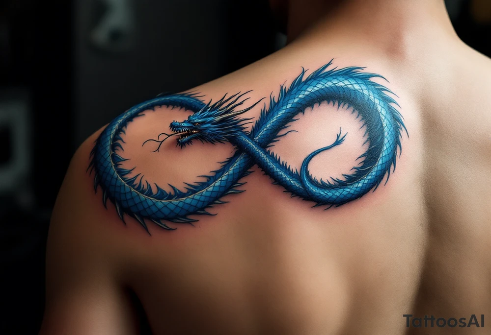 The design features a dragon, coiled in the shape of the infinity symbol (sideways number "8"). The dragon is depicted eating its own tail, symbolizing eternity and continuity, inspired by the Ouroboros.

Details:

The dragon's body has vibrant, glossy blue scales, with a smooth and polished texture.
It maintains a clean, balanced shape in the infinity figure, with sharp details and elegant flow.
Style:

The focus remains on the dragon's form, with no additional background elements to keep the design minimal and modern. tattoo idea