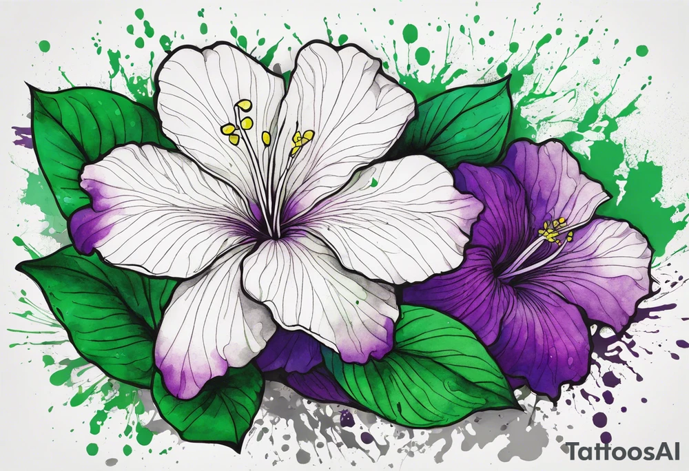 An outline of a green rio dipladenia flower and a green and purple watercolor splash in the background tattoo idea