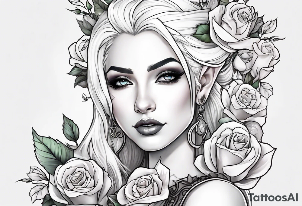 elf with white hair, roses, and tattoos tattoo idea