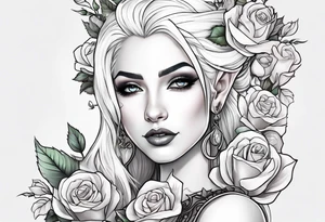 elf with white hair, roses, and tattoos tattoo idea
