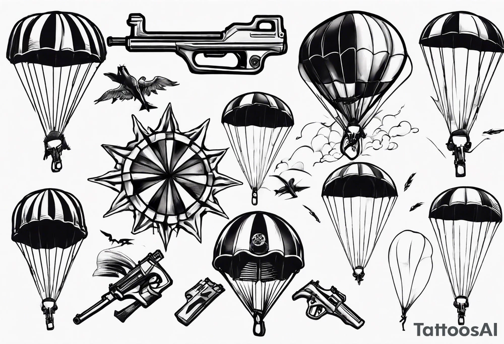 man parachute and shooting guns tattoo idea