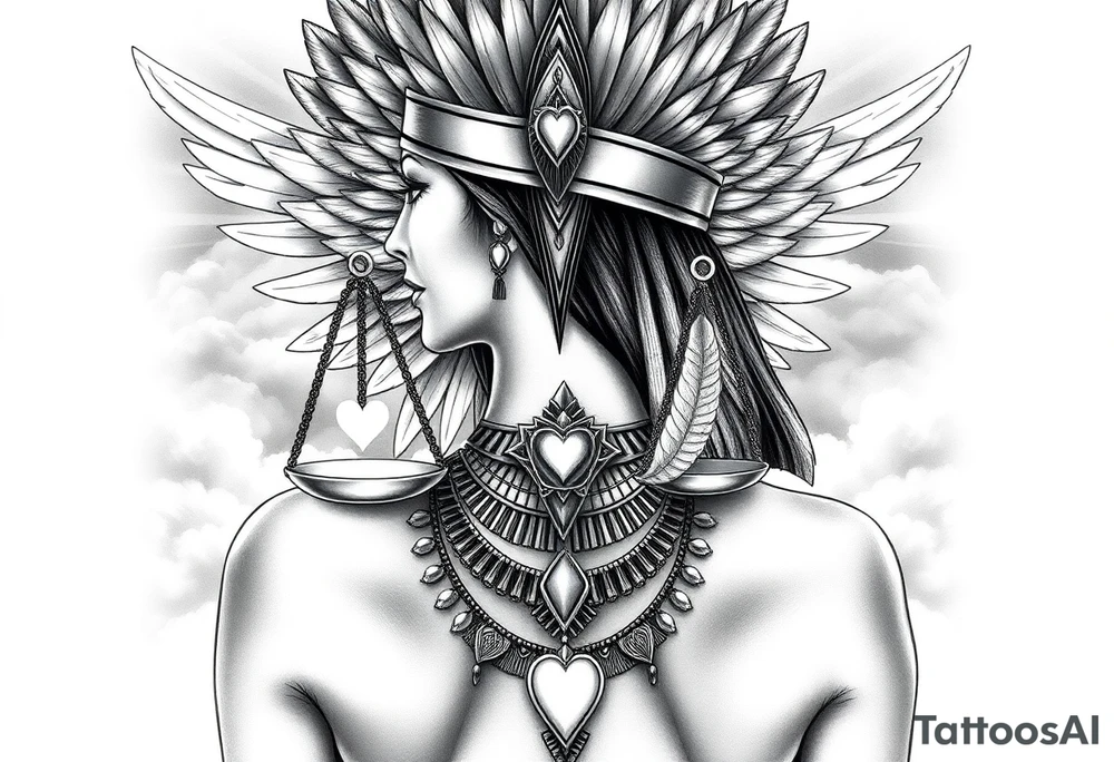 Beautiful Egyptian goddess with an elegant body, depicted as a regal woman with an ostrich feather headdress, and intricate ancient Egyptian jewelry such as the Anhk necklace. Background includes something similar to heaven. Incorporate the Scales of Justice—one side holding a heart, the other Ma’at’s feather—glowing with ethereal energy. Emphasize dramatic lighting, deep shadows, and surreal, mystical atmosphere tattoo idea