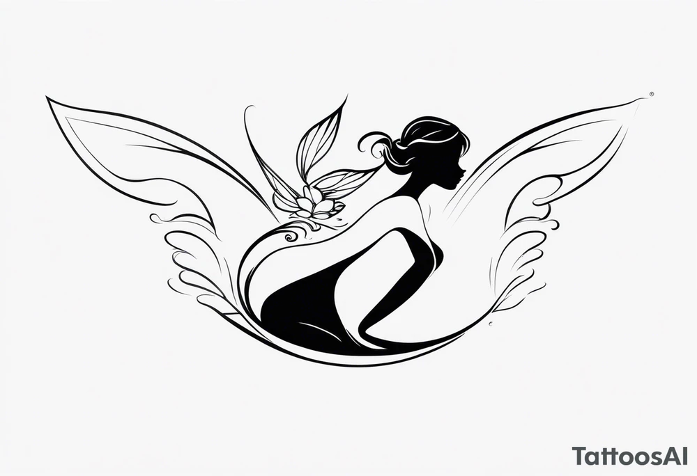 Minimalistic, monochromatic fairy with a tail flying to the left in a fetal position, leaning and looking in the same direction, with visible hands, embodying the 'Fairy Tail' logo aesthetic. tattoo idea