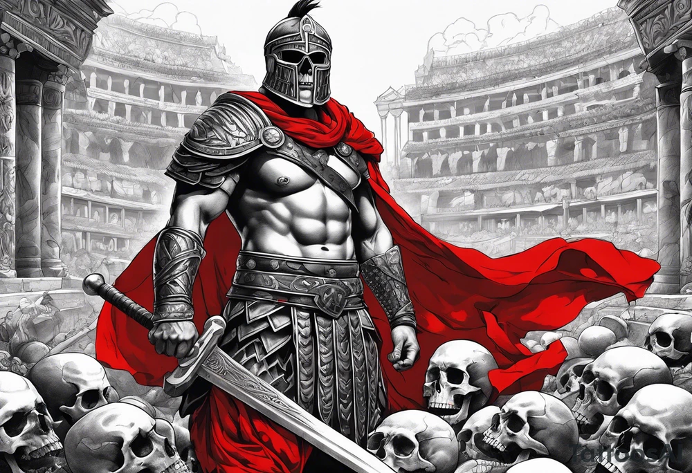 Black and white full body of gladiator, with red clothes, red blood around, skulls and skeletons on the ground tattoo idea