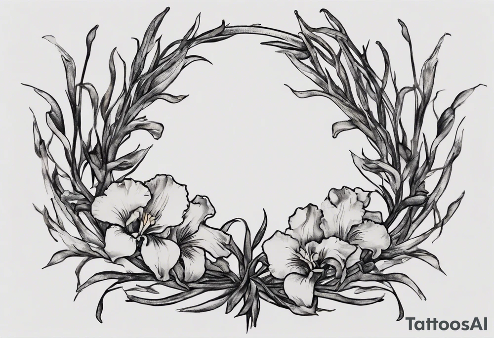 Create a small Vincent van Gogh Irises tattoo, with vines gracefully intertwining at a central point in the middle of the wreath.  The intended placement is on the upper chest. The overall design should be small in size while maintaining a delicate and artistic aesthetic. Pay attention to the graceful flow of the vines and the placement of the irises to achieve a refined and elegant look. tattoo idea