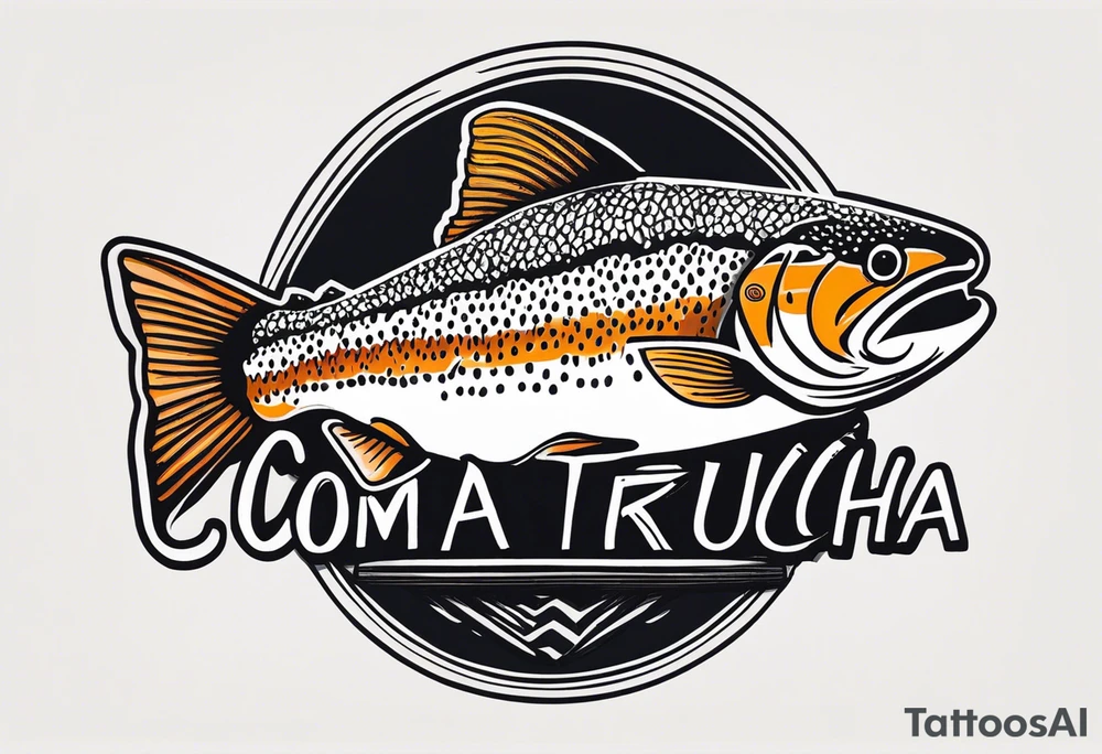 A small tattoo with a shaded trout and text that says, 'Como la trucha...' drawn with fine lines." tattoo idea