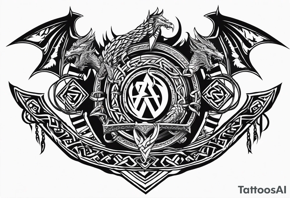 Valhalla sword shield dragon axe Valknut barbed wire chains tribal tattoo idea Valhalla sword shield dragon axe Valknut barbed wire chains tribal tattoo idea