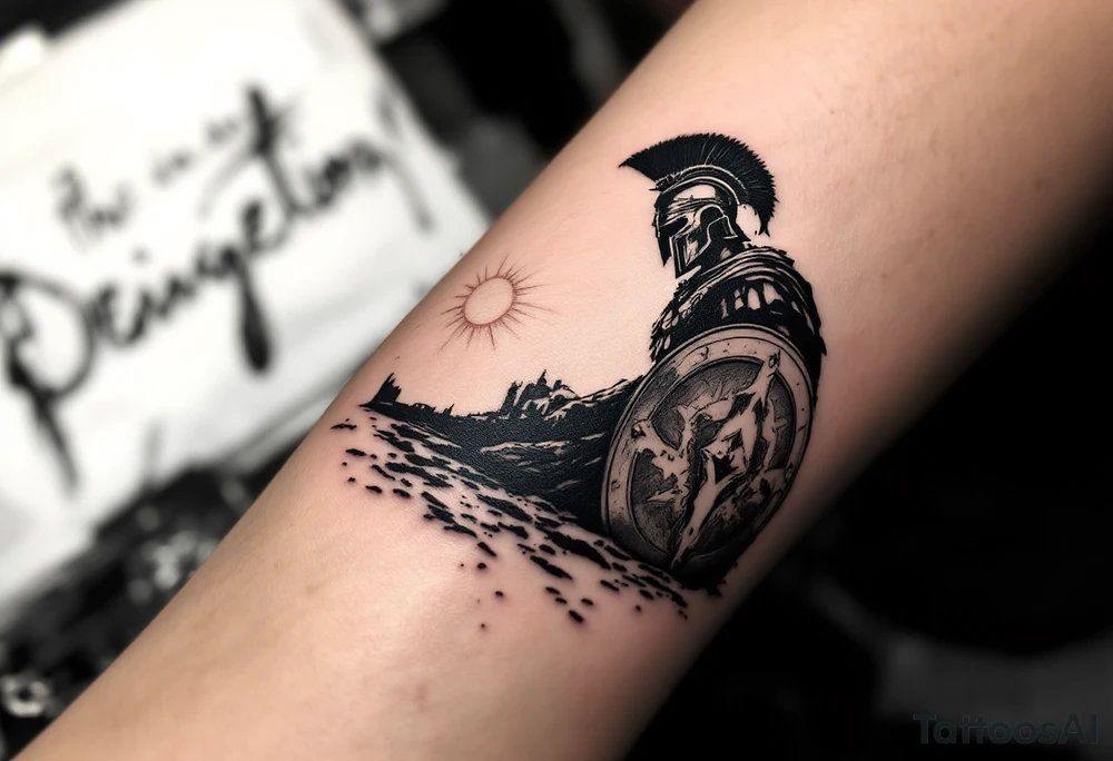 The Gladiator’s Shadow – A black-and-gray realism tattoo of a gladiator’s silhouette on the arena sand, cast by the setting sun. His helmet and shield rest on the ground, symbolizing either death or freedom after battle. tattoo idea