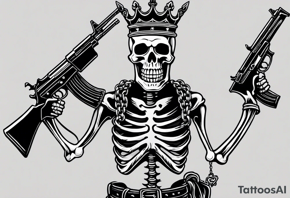 image of a skeleton standing frontally with a crown on his head, holding an AK-47 on his shoulder with his right hand. The chain on the left should be taut, there are three angry barking Dobermans in it, near the waist tattoo idea