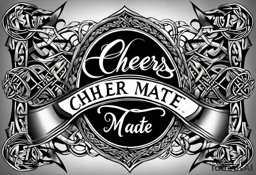 "Cheers Mate" text black and grey ink armband +Celtic +grey Cancer Ribbon +tribal +artistic tattoo idea