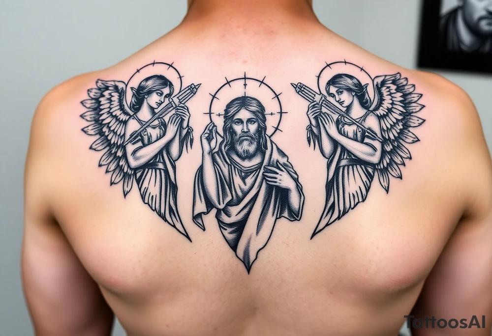 russian orthodox symmetrical guardian angel icon on left and right side of back with both angels holding up a jesus potrait tattoo idea