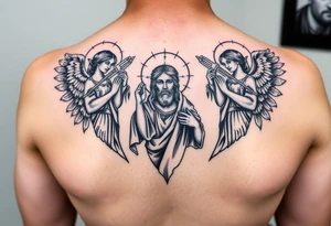 russian orthodox symmetrical guardian angel icon on left and right side of back with both angels holding up a jesus potrait tattoo idea