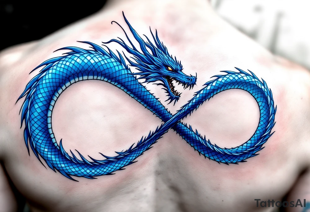 The design features a dragon, coiled in the shape of the infinity symbol (sideways number "8"). The dragon is depicted eating its own tail, symbolizing eternity and continuity, inspired by the Ouroboros.

Details:

The dragon's body has vibrant, glossy blue scales, with a smooth and polished texture.
It maintains a clean, balanced shape in the infinity figure, with sharp details and elegant flow.
Style:

The focus remains on the dragon's form, with no additional background elements to keep the design minimal and modern. tattoo idea