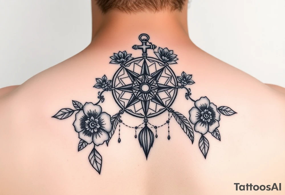 Boho dream catcher with compass and anchor Beautiful flowers and an ornamental chandelier like look tattoo idea