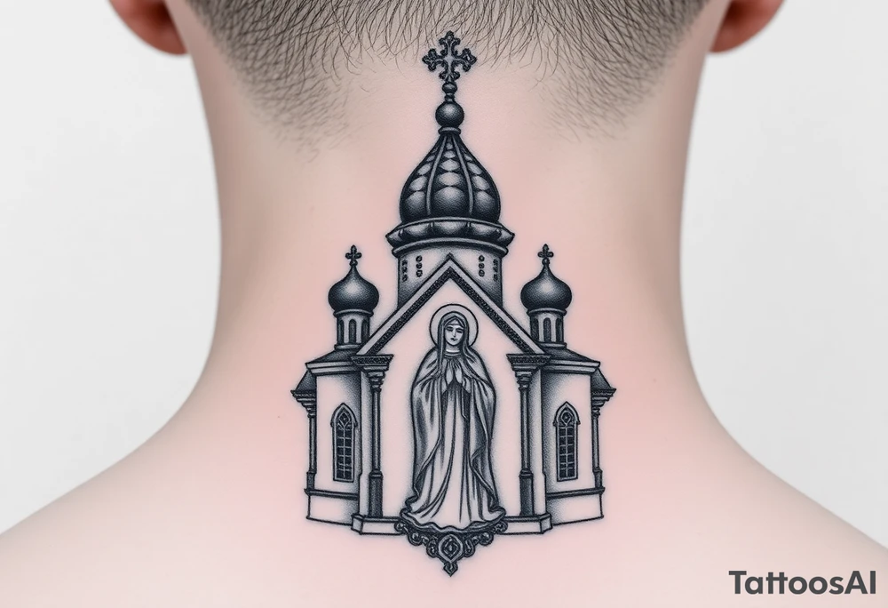 medium sized Russian orthodox church with bulb domes with a prominent russian orthodox style virgin mary stood tattoo idea