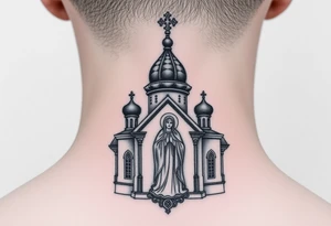 medium sized Russian orthodox church with bulb domes with a prominent russian orthodox style virgin mary stood tattoo idea