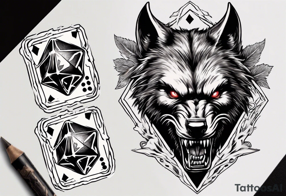 A 20 sided Dice with numbers and wolverine claw marks framing the underneath of the dice and a werewolf in the background tattoo idea