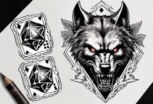 A 20 sided Dice with numbers and wolverine claw marks framing the underneath of the dice and a werewolf in the background tattoo idea