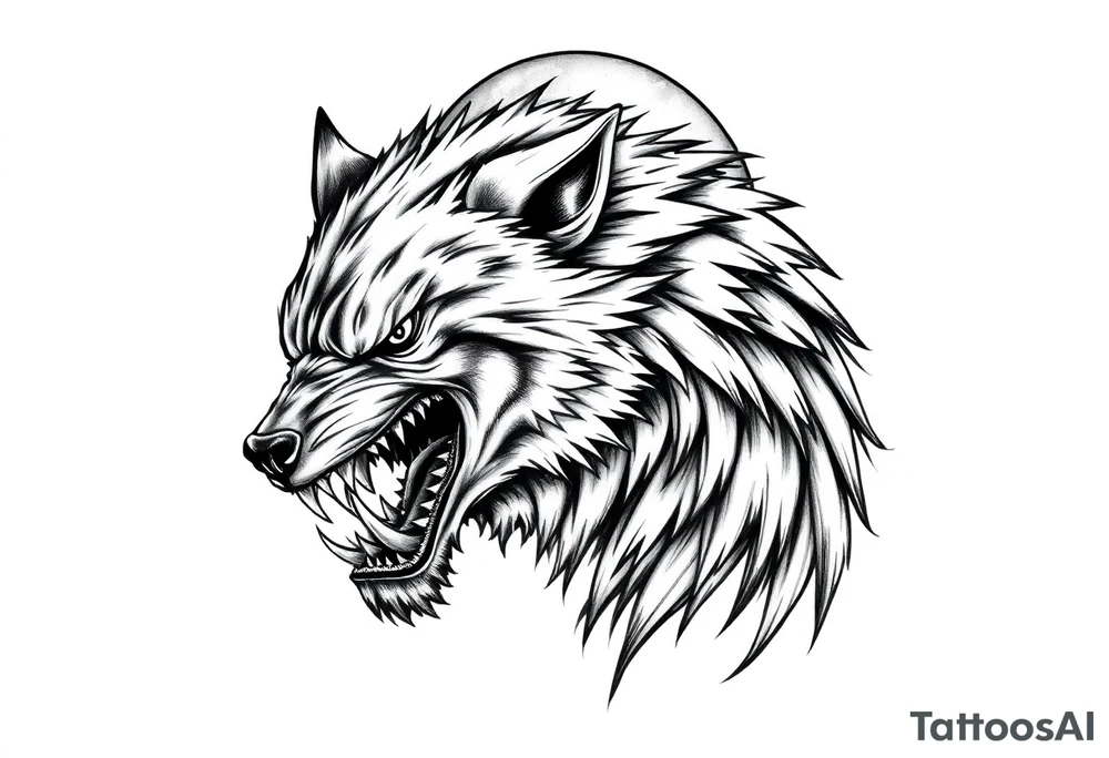 Fierce werewolf snarling, sharp teeth, moon cresting over shoulder. tattoo idea