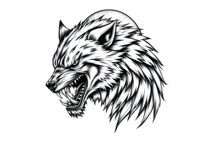 Fierce werewolf snarling, sharp teeth, moon cresting over shoulder. tattoo idea