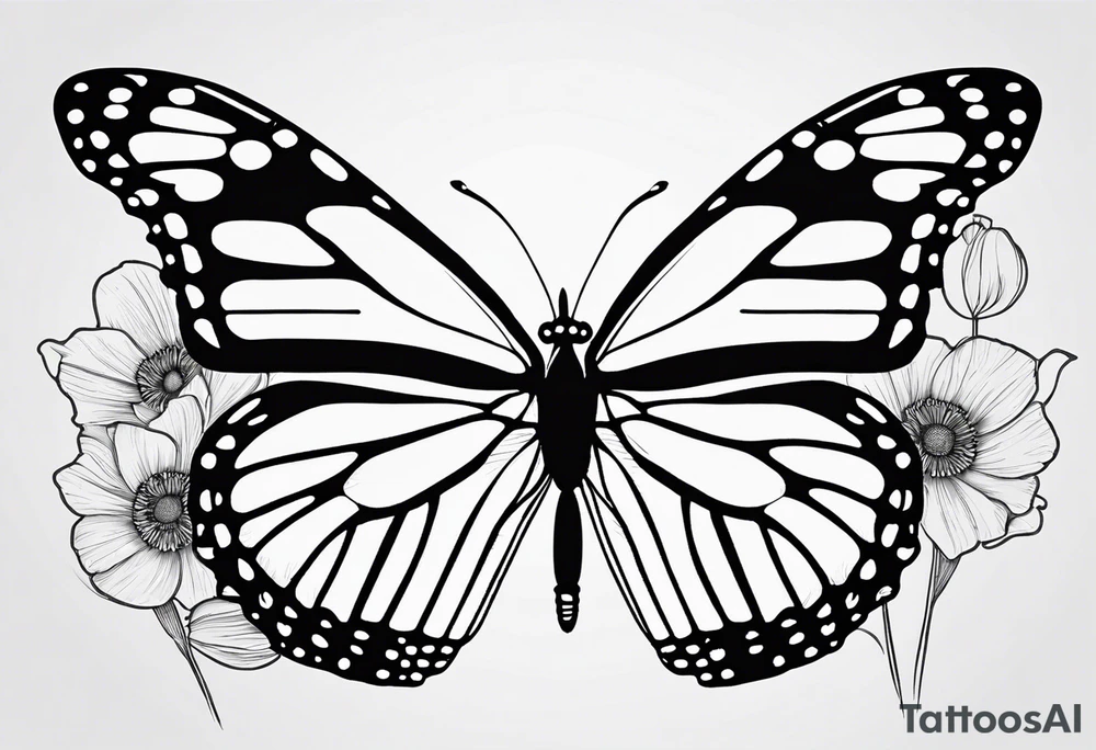 Design a black and white fine line tattoo of a monarch butterfly The top halves of the wings should be filled with delicate poppy flowers, seamlessly integrated into the wing design. The overall style should be minimalistic and elegant, with clean lines and intricate details. The bottom halves of the wings should remain simple to emphasize the flowers above. tattoo idea