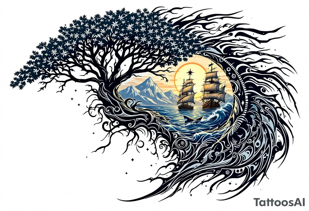 tattoo that has an acacia tree with mountains, ocean with a ship wreck with sharks and the bright northern star tattoo idea