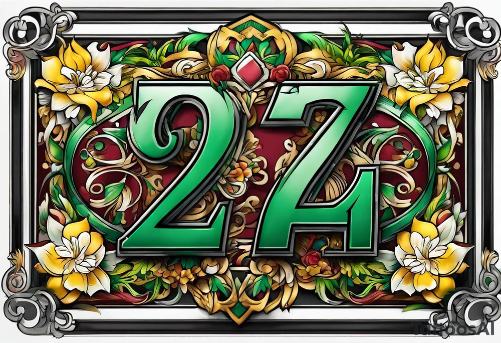 The number 24 with colors green, yellow, maroon and black tattoo idea