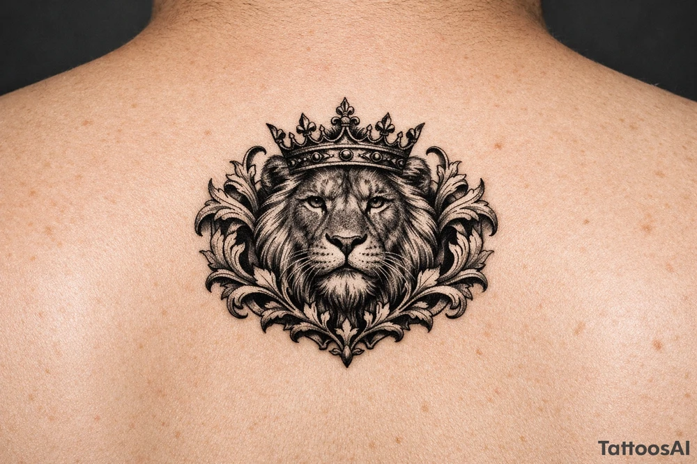 powerful majestic lion with a crown, framed by ornate floral scrollwork tattoo idea