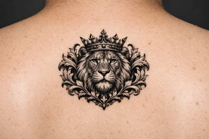 powerful majestic lion with a crown, framed by ornate floral scrollwork tattoo idea