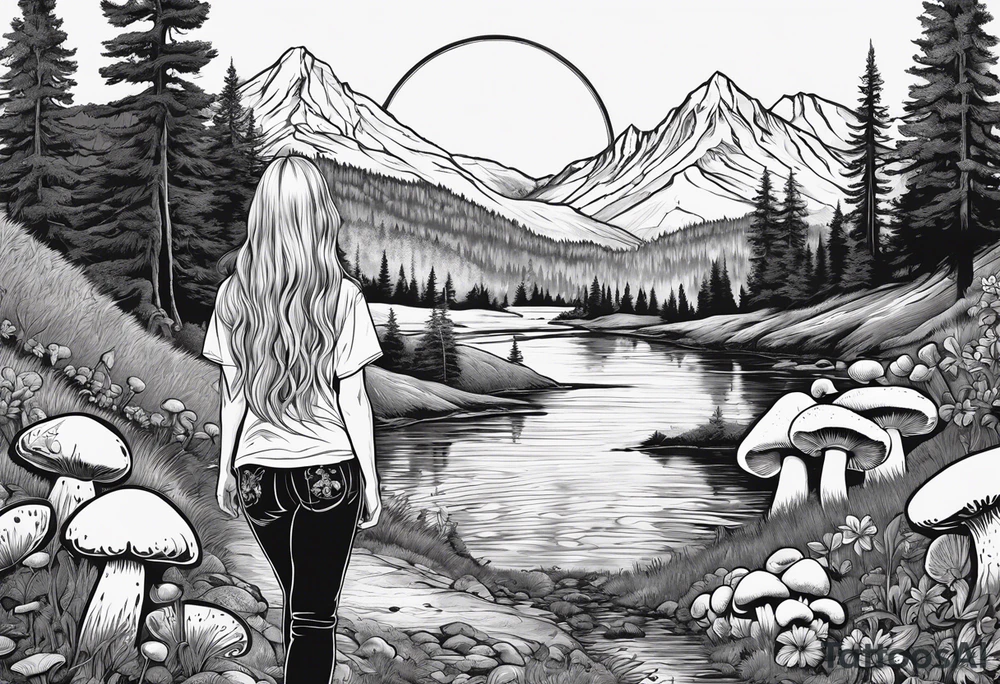 Whole picture encircled fully

Straight long blonde hair hippie girl in distance holding mushrooms in hand facing away toward mountains and creek surrounded by mushrooms tee shirt and hiking pants; whole rendering within a full circle, no cut off circle tattoo idea