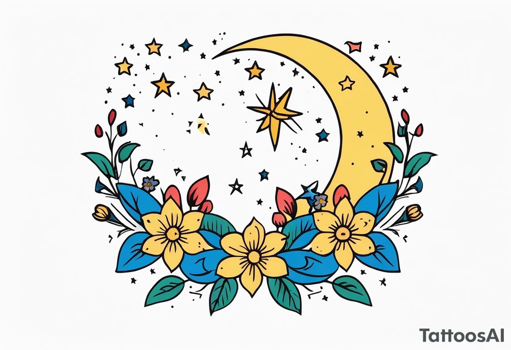 stars and moon

old school vintage simple traditional design with vintage flowers surrounding
bold color simple tattoo idea