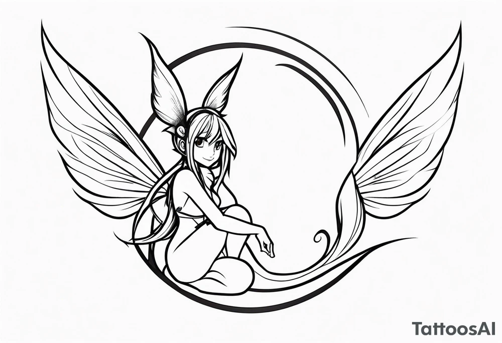 A fairy with a tail inspired by the logo of the show called Fairy Tail in a fetal position leaning in tattoo idea