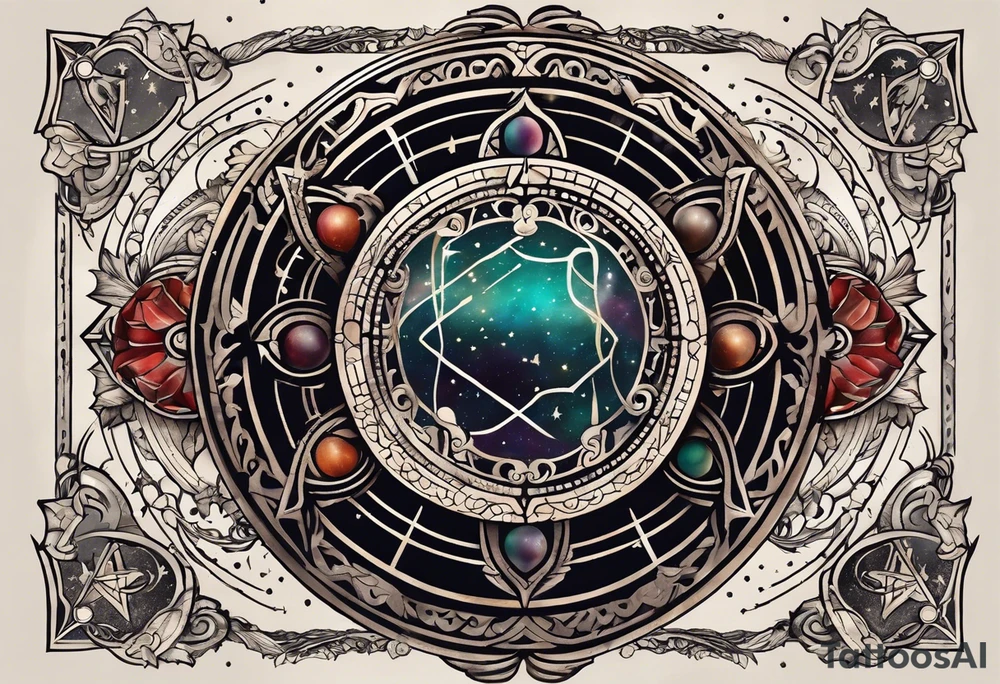 Matter, energy, space and time with an old stone theta symbol with stars in the background and Scorpio constellation tattoo idea