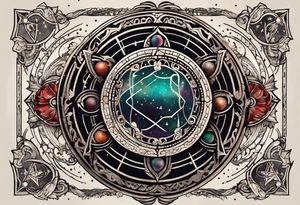 Matter, energy, space and time with an old stone theta symbol with stars in the background and Scorpio constellation tattoo idea