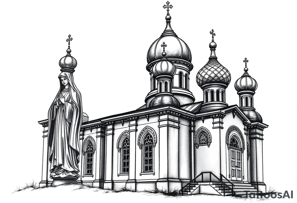 Russian orthodox church with bulb domes with a prominent russian orthodox style virgin mary stood outside to the left tattoo idea
