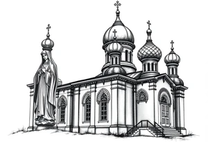 Russian orthodox church with bulb domes with a prominent russian orthodox style virgin mary stood outside to the left tattoo idea