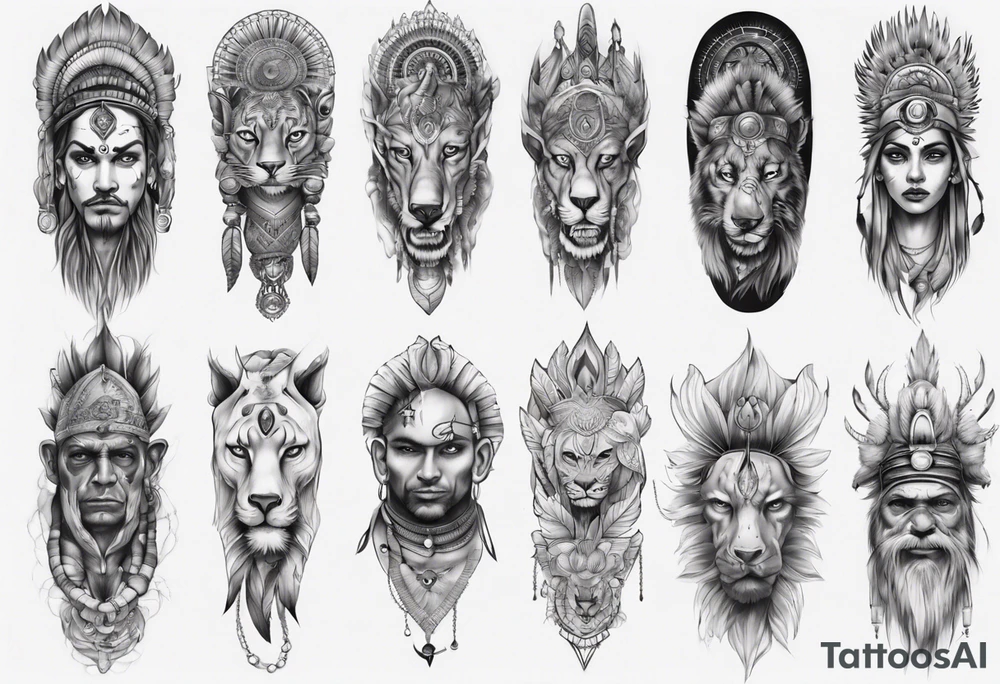 indian realistic leg sleeve with humans and maybe some animals evil looking tattoo idea
