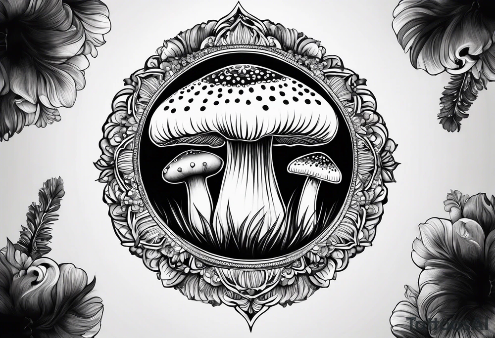 Large Shaggy cap mushroom dripping ink off cap with 4 smaller mushrooms around it mandala henna black tattoo design tattoo idea