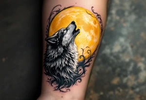 A howling gray wolf under a full yellow moon, surrounded by stylized wind swirls. tattoo idea