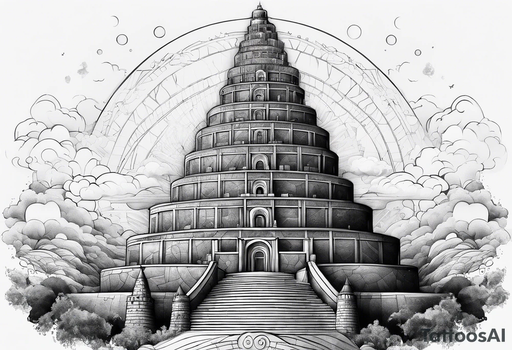 Babel tower with a cosmic background tattoo idea